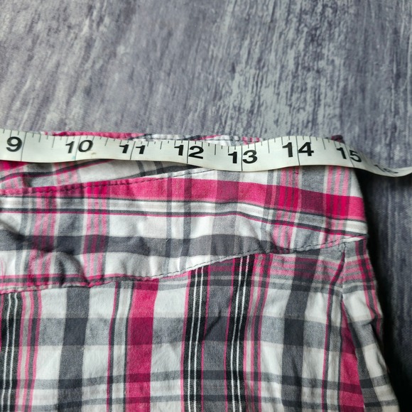Y2K Vtg Mix & Co Plaid Pink Gray White Women Casual Shorts Size M Button Detail - Picture 4 of 6